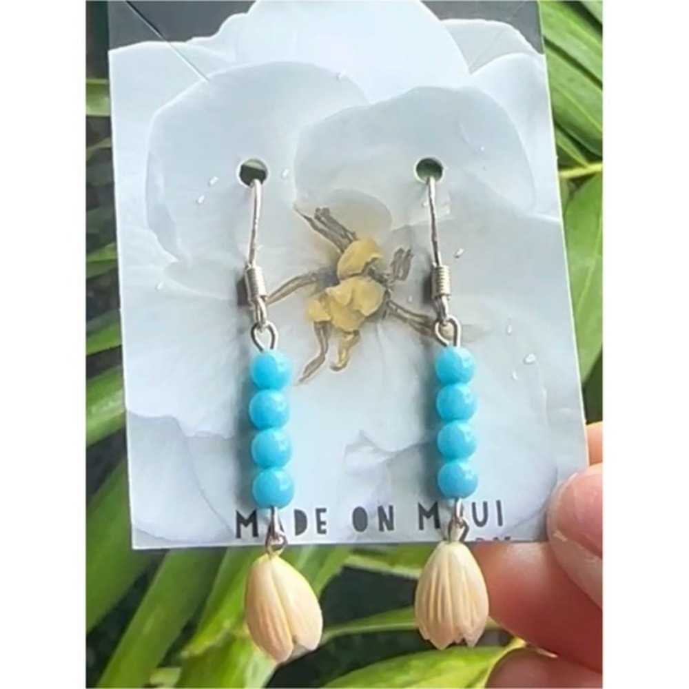 Genuine Turquoise Ivory Pikake Flower Drop Earrings Sterling Silver Handcrafted